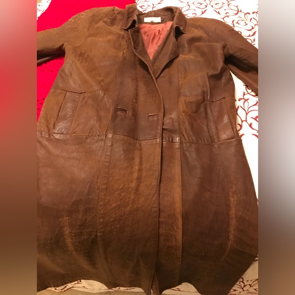 Womens 80s Vintage Long Brown Genuine Leather Coat - Picture 3 of 16